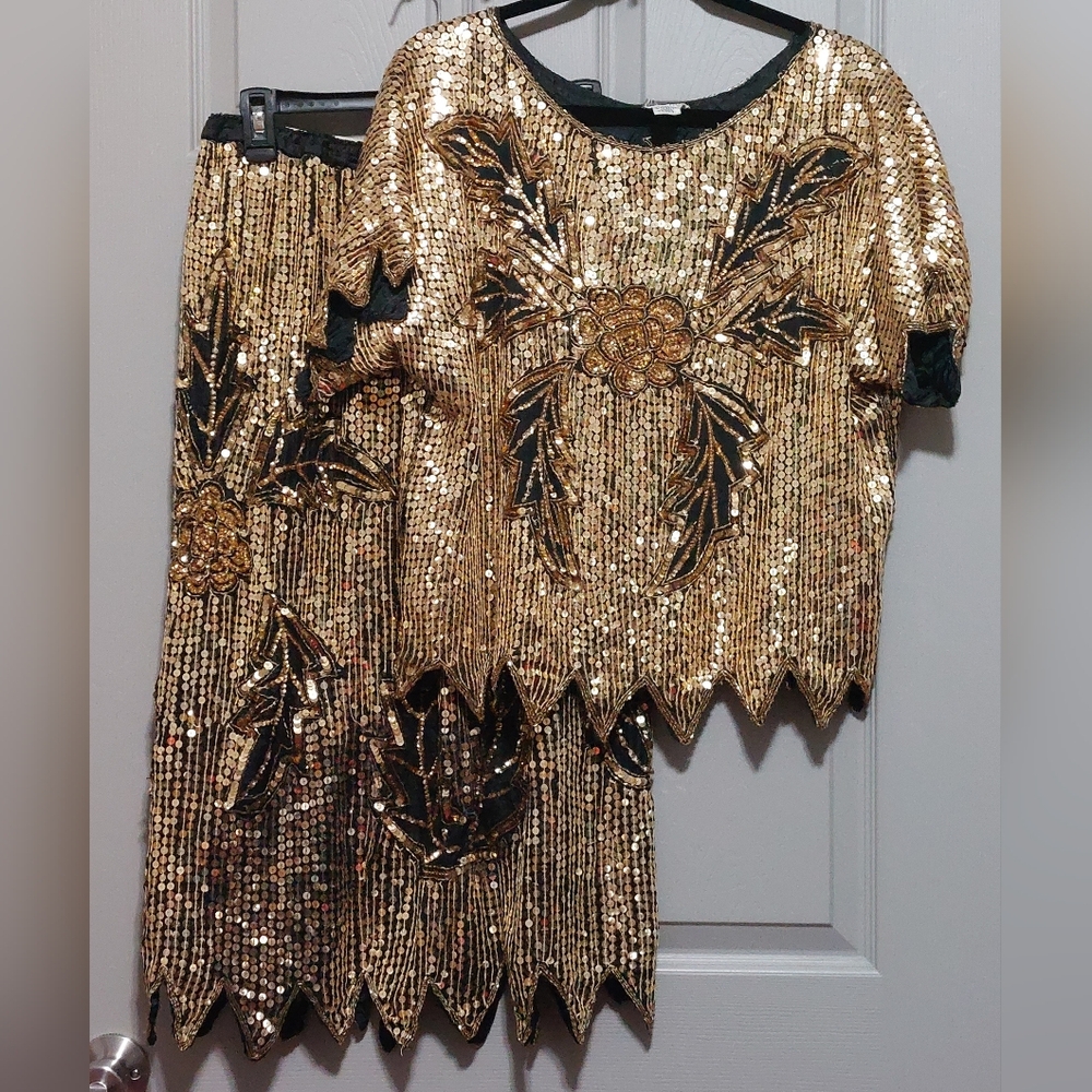 Vintage Gold and Black Sequin Skirt Set